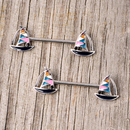 14G 9/16 Black Gem Teal Nautical Sailboat Barbell Nipple Ring Set