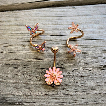 14G 3/8 Aurora Gem Rose Gold Tone Butterfly Spiral Twister Ring
