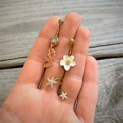 14G Clear Gem Gold Tone Star Flower Spiral Twister Belly Ring