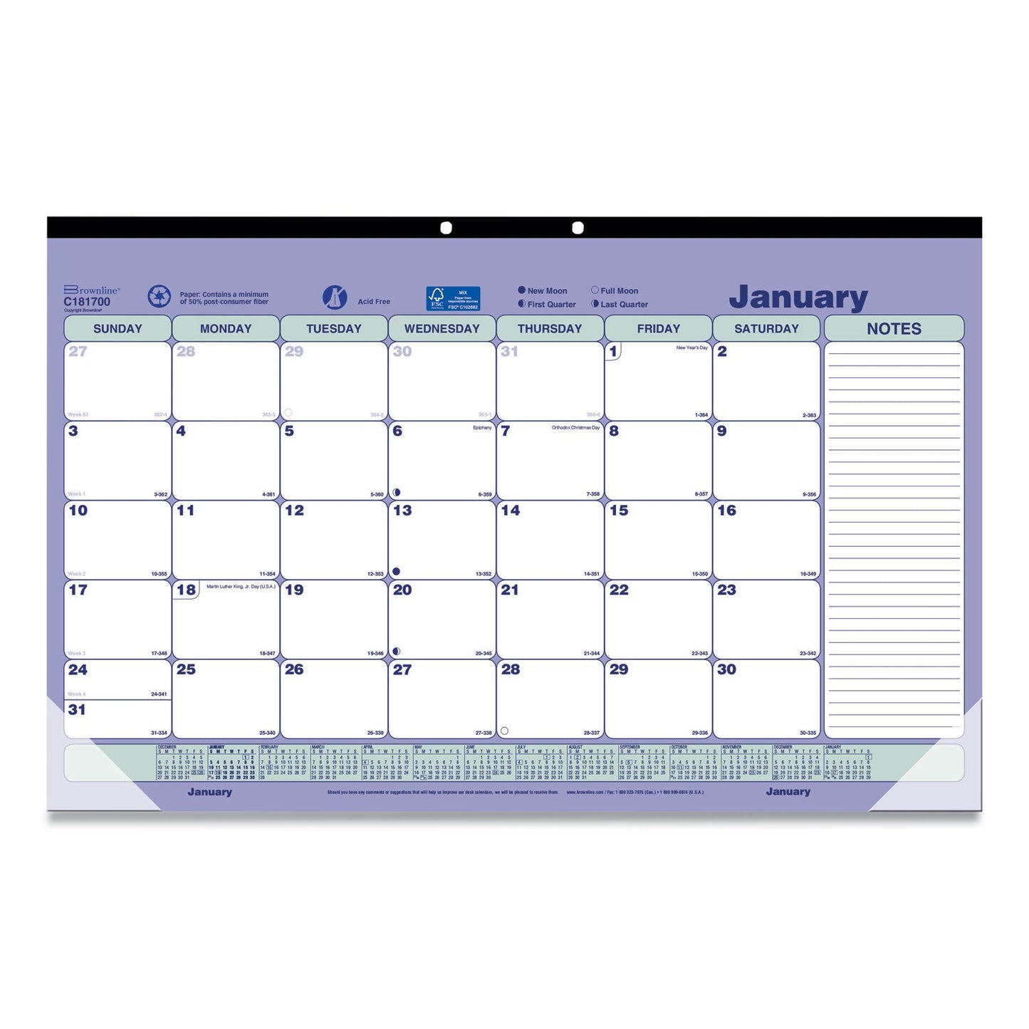 Brownline Monthly Desk Pad Calendar, 17.75 x 10.88, White/Blue/Green Sheets, Black Binding, Clear Corners, 12-Month (Jan to Dec): 2023