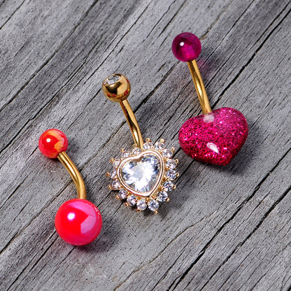 Clear Gem Gold Tone Pink UV Glow Heart Belly Ring Set of 3