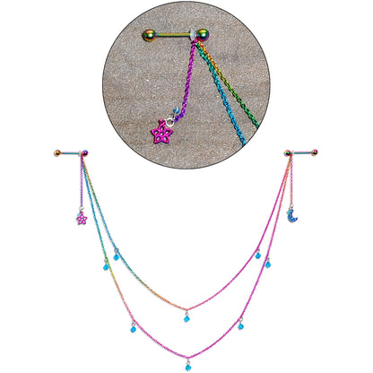 14G 5/8 Blue Gem Rainbow Moon Star Double Dangle Nipple Chain