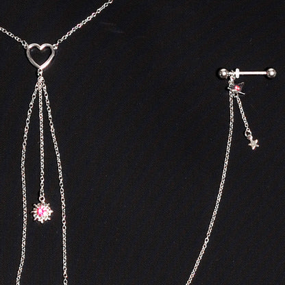 14G 5/8 Pink Gem Sun Heart Star Nipple Chain Necklace