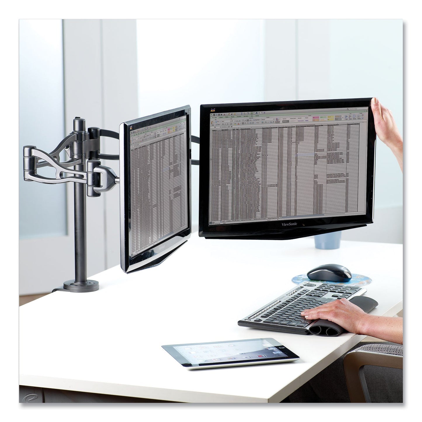 Fellowes Professional Series Depth Adjustable Dual Monitor Arm, 360 deg Rotation, 37 deg Tilt, 360 deg Pan, Black, Supports 24 lb