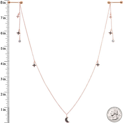 14G 9/16 Black Gem Rose Gold Tone Moon Dangle Nipple Chain
