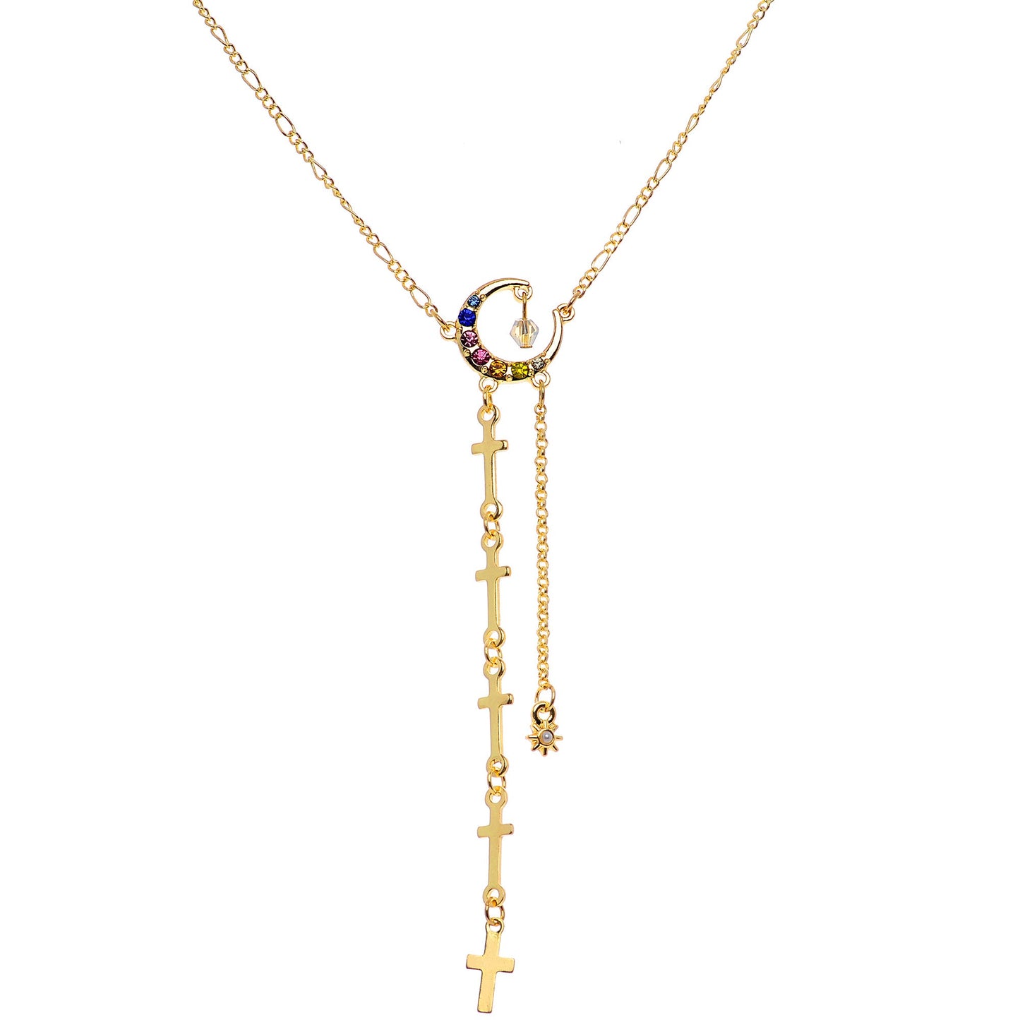 14G 9/16 Blue Pink Gem Gold Tone Moon Cross Dangle Nipple Chain