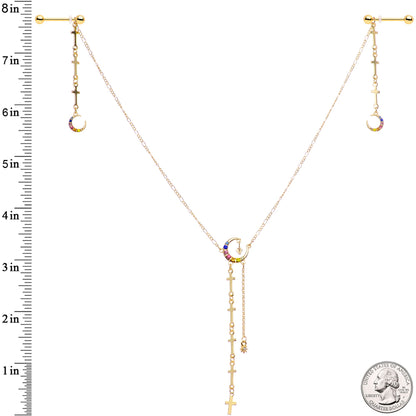 14G 9/16 Blue Pink Gem Gold Tone Moon Cross Dangle Nipple Chain