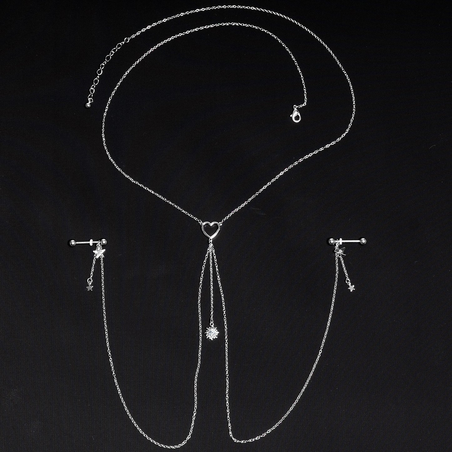 14G 5/8 Clear Gem Sun Heart Star Nipple Chain Necklace