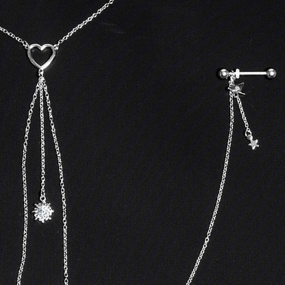 14G 5/8 Clear Gem Sun Heart Star Nipple Chain Necklace