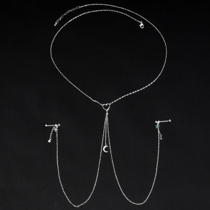 14G 5/8 Blue Gem Moon Heart Star Nipple Chain Necklace