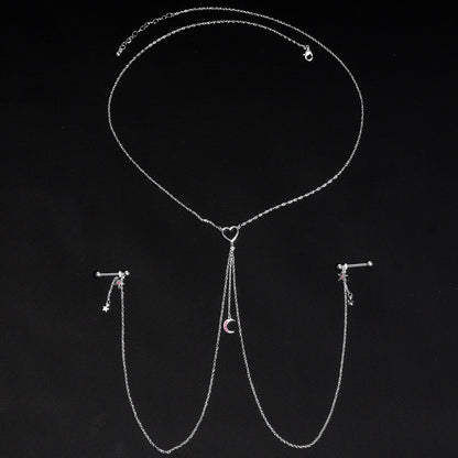 14G 5/8 Pink Gem Moon Heart Star Nipple Chain Necklace