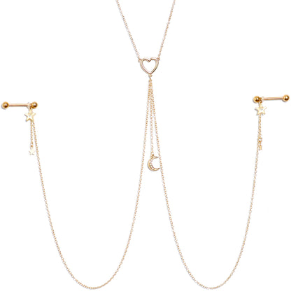 14G 5/8 Aurora Gem Gold Tone Heart Star Nipple Chain Necklace