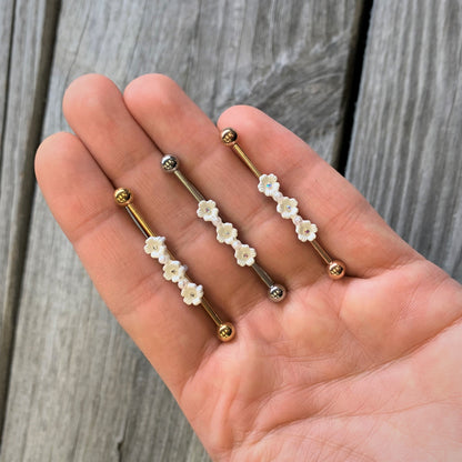 14G Aurora Gem Gold Tone Flower Industrial Barbell 38mm