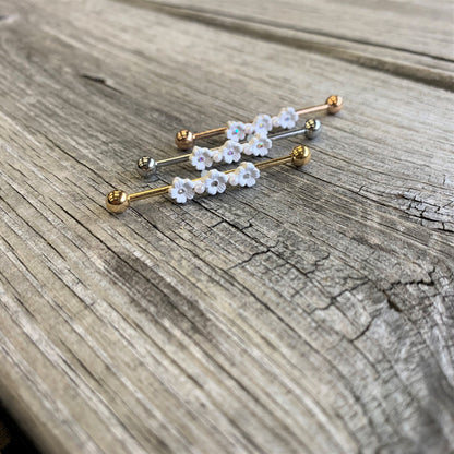 14G Aurora Gem Gold Tone Flower Industrial Barbell 38mm