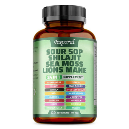 Buporai-Soursop Blend Dietary Supplement Capsules, Containing Soursop Blend, Vitamin C, Supports Skin Health, Relieves Stress, Supports Joint and Bone Health
