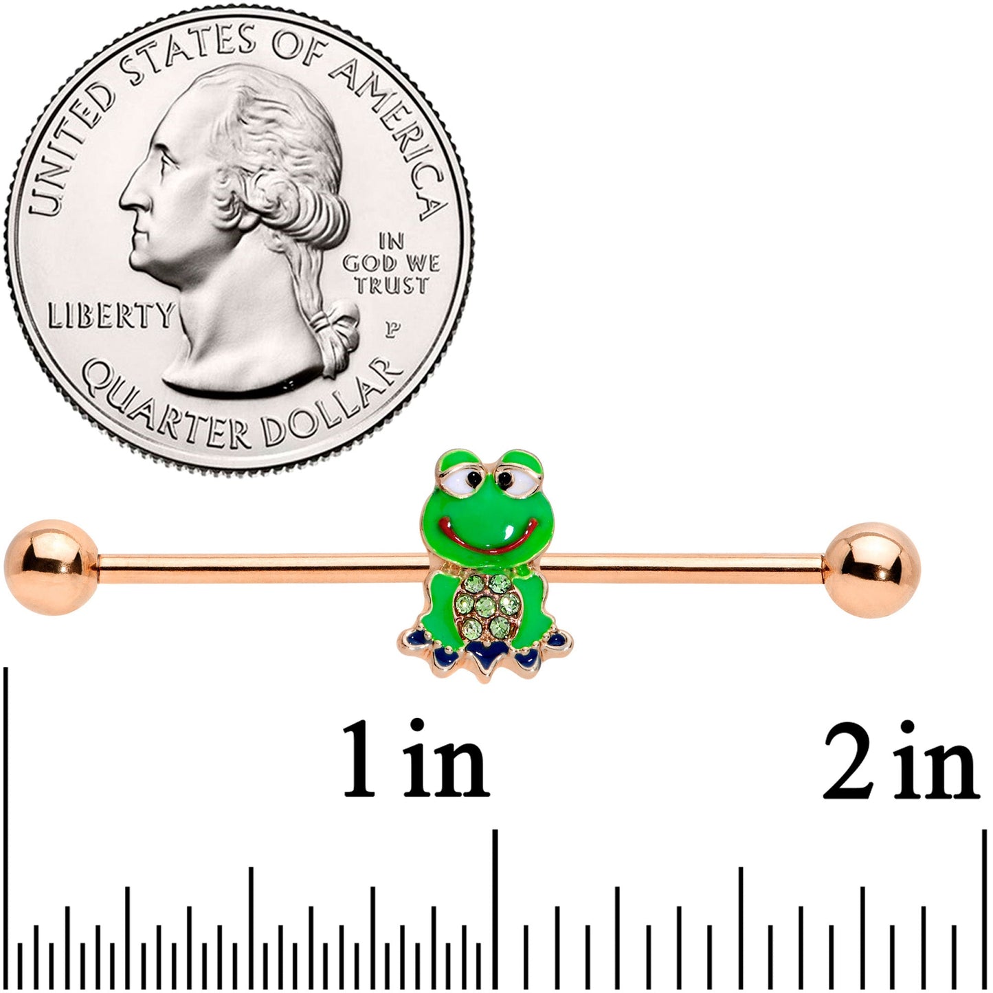14G Green Gem Rose Gold Tone Green Frog Industrial Barbell 38mm