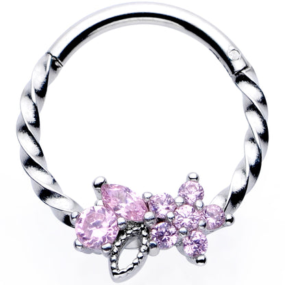 16G 3/8 Pink Gem Star Twisted Hinged Segment Ring