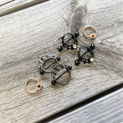 14G 7/8 Aurora Gem Black Winged Skull Halloween Nipple Shield Set