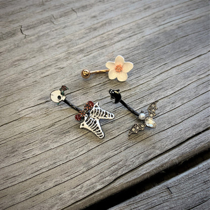 Black Skeleton Skull Rose Halloween Double Mount Belly Ring