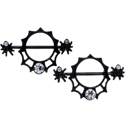 14G 24mm Clear Gem Spider Web Halloween Nipple Shield Set