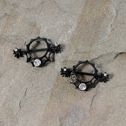14G 24mm Clear Gem Spider Web Halloween Nipple Shield Set