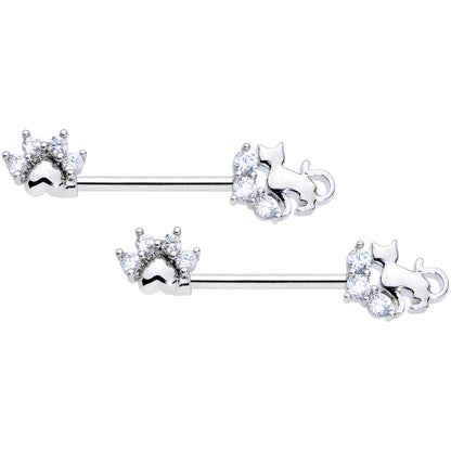 14G 9/16 Clear CZ Gem Paw Print Cat Barbell Nipple Ring Set