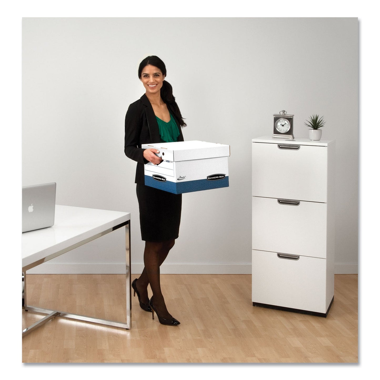 Bankers Box PRESTO Ergonomic Design Storage Boxes, Letter/Legal Files, 12.88" x 16.5" x 10.38", White/Blue, 12/Carton