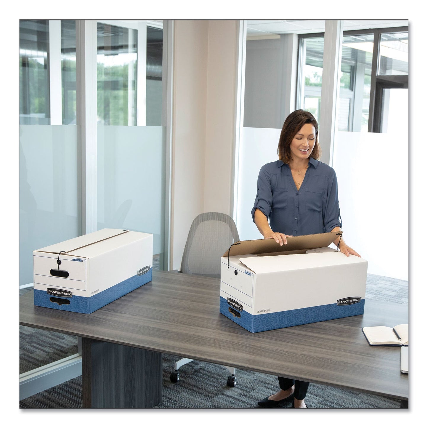 Bankers Box LIBERTY Heavy-Duty Strength Storage Boxes, Legal Files, 15.25" x 24.13" x 10.75", White/Blue, 4/Carton