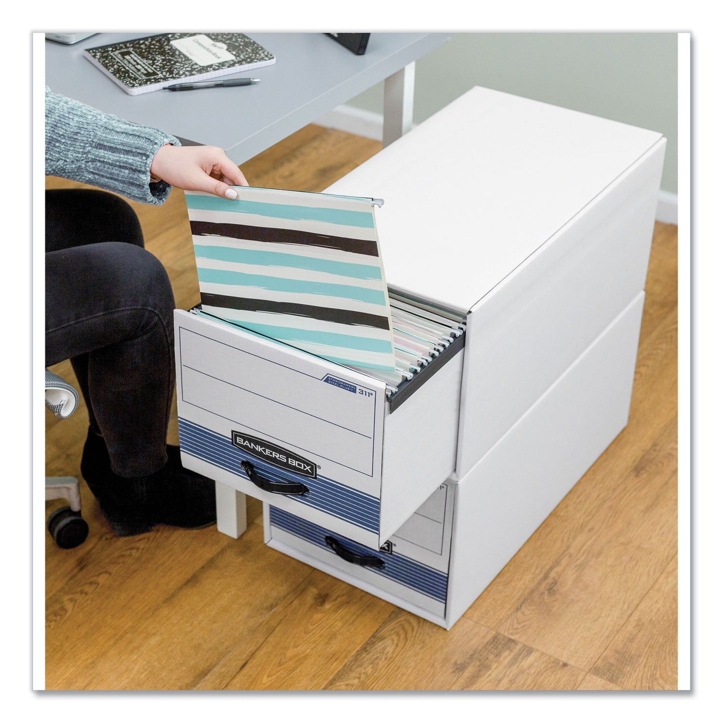 Bankers Box STOR/DRAWER STEEL PLUS Extra Space-Savings Storage Drawers, Letter Files, 14" x 25.5" x 11.5", White/Blue, 6/Carton