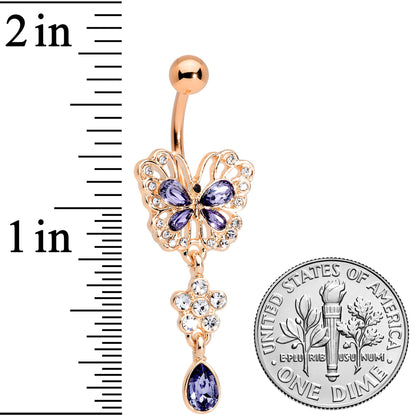 Purple Gem Rose Gold Tone Lacy Butterfly Flower Drop Dangle Belly Ring