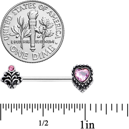 14G 9/16 Pink Gem Regal Valentines Heart Barbell Nipple Ring Set