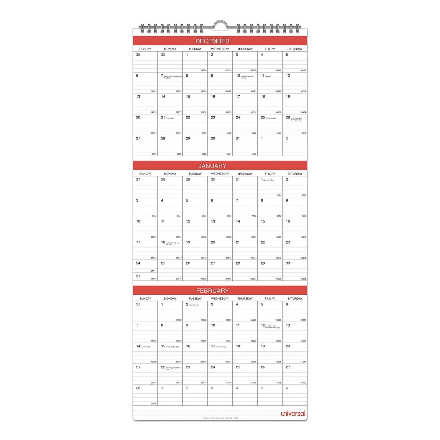 Universal 3-Month Wall Calendar, 12 x 27, White/Black/Red Sheets, 14-Month (Dec to Jan): 2022 to 2024