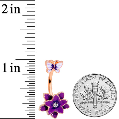 Clear Gem Rose Gold Purple Flower Butterfly Double Mount Belly Ring