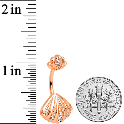 Clear Gem Rose Gold Hue Nautical Scallop Shell Double Mount Belly Ring