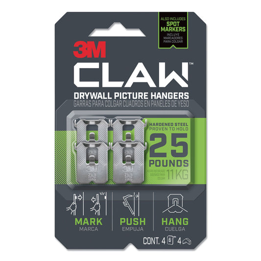 3M Claw Drywall Picture Hanger, Holds 25 lbs, 4 Hooks and 4 Spot Markers, Stainless Steel