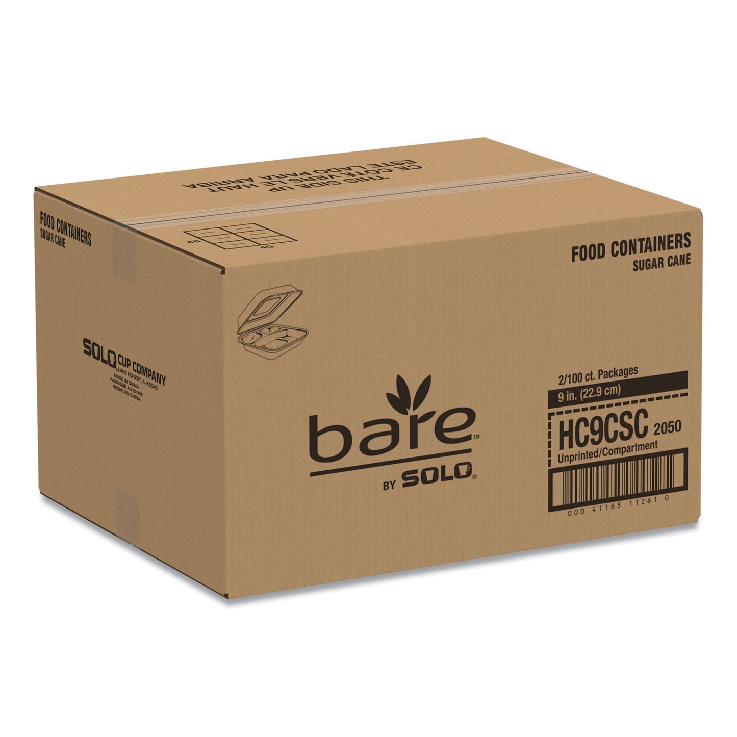 Dart Bare by Solo Eco-Forward Bagasse Hinged Lid Containers, 3-Compartment, 9.6 x 9.4 x 3.2, Ivory, Sugarcane, 200/Carton