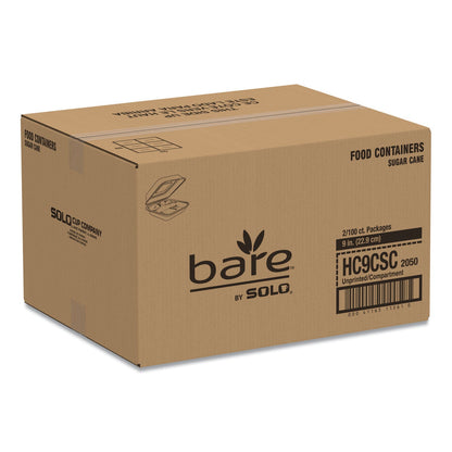 Dart Bare by Solo Eco-Forward Bagasse Hinged Lid Containers, 3-Compartment, 9.6 x 9.4 x 3.2, Ivory, Sugarcane, 200/Carton