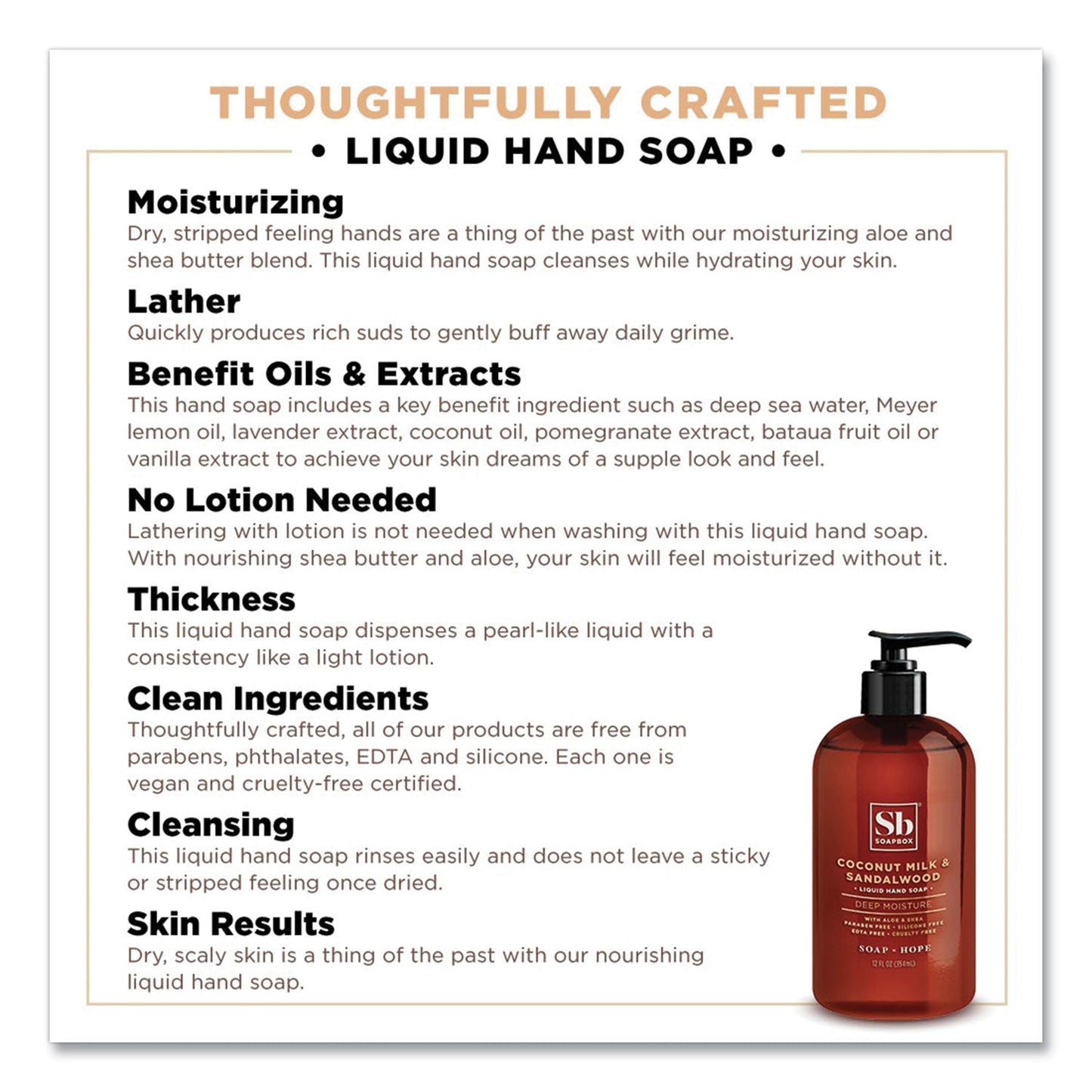 Soapbox Hand Soap, Coconut Milk and Sandalwood, 12 oz Pump Bottle, 12/Carton