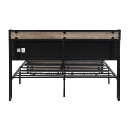 Modern Bed Frame With LED Lights, Upholstered Headboard, USB Charging