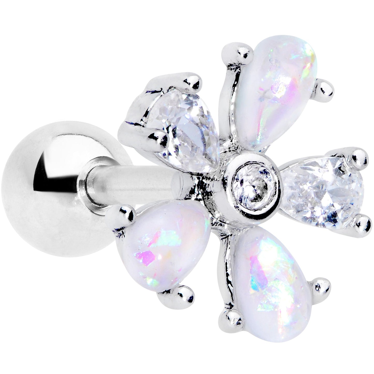 16G 1/4 White Faux Opal Flower Cartilage Tragus