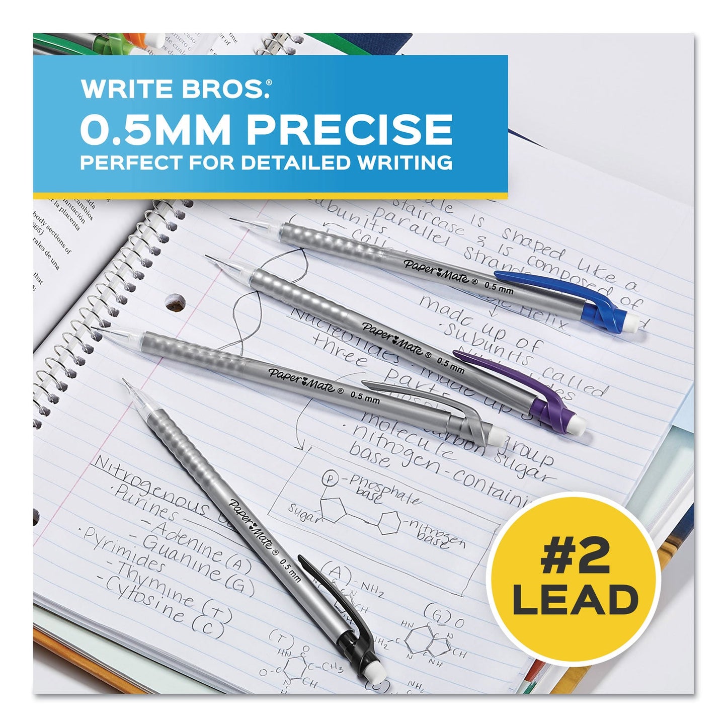 Paper Mate Write Bros Mechanical Pencil, 0.5 mm, HB (#2), Black Lead, Silver Barrel with Assorted Clip Colors, 24/Pack