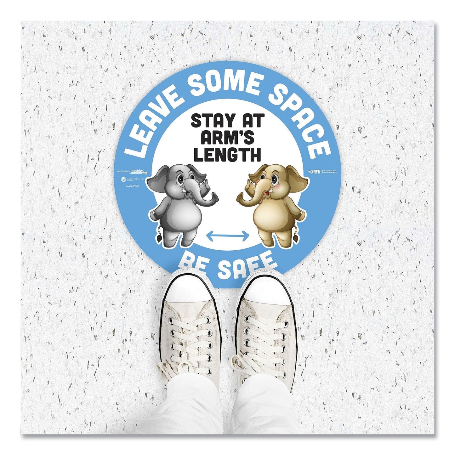 Tabbies BeSafe Messaging Education Floor Signs, Leave Some Space; Stay At Arms Length; Be Safe, 12" dia, White/Blue, 6/Pack
