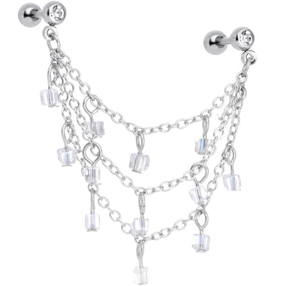 16G 1/4 Clear Gem Clear Cube Triple Dangle Cartilage Chain Earring
