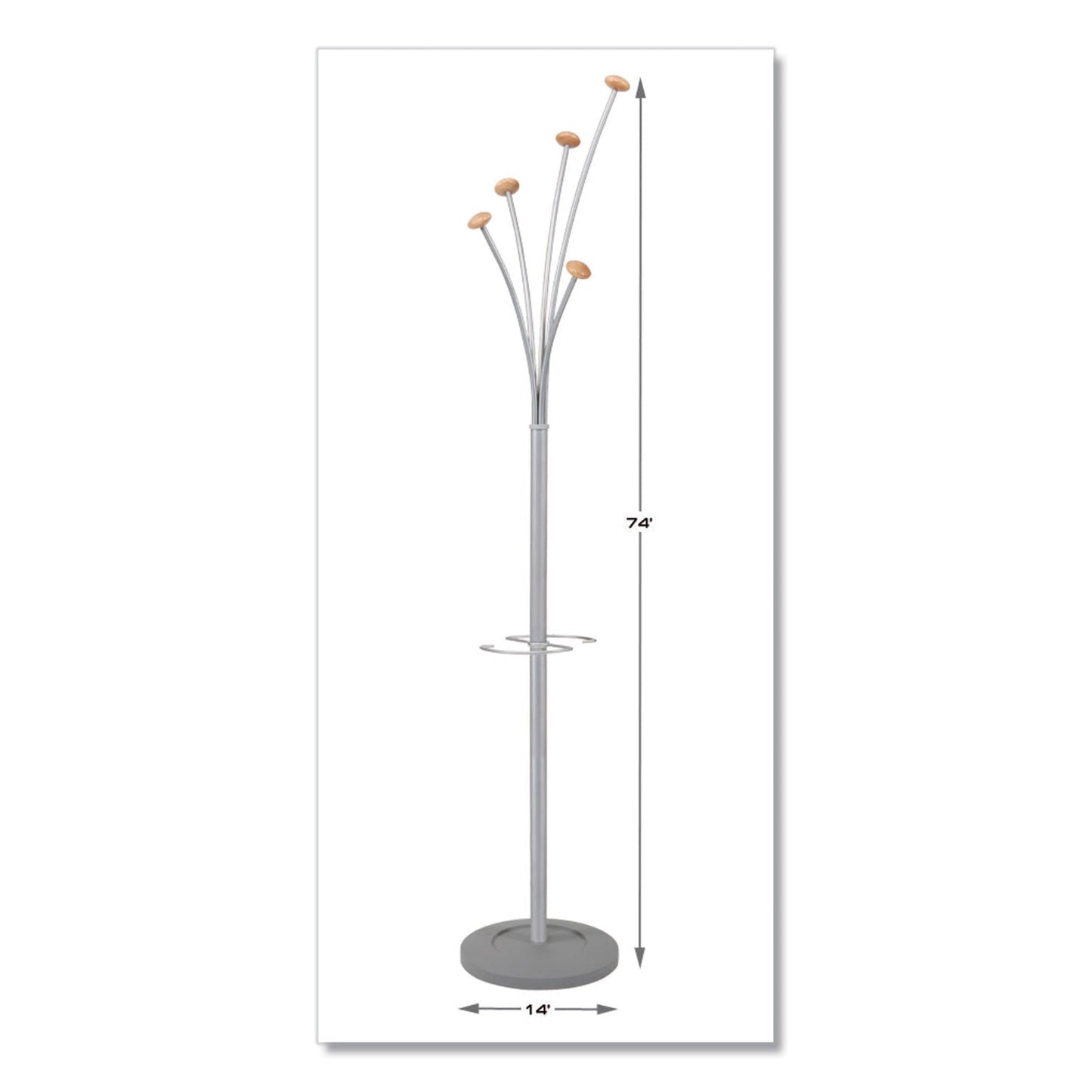 Alba Festival Coat Stand with Umbrella Holder, Five Knobs, 14w x 14d x 73.67h, Silver Gray