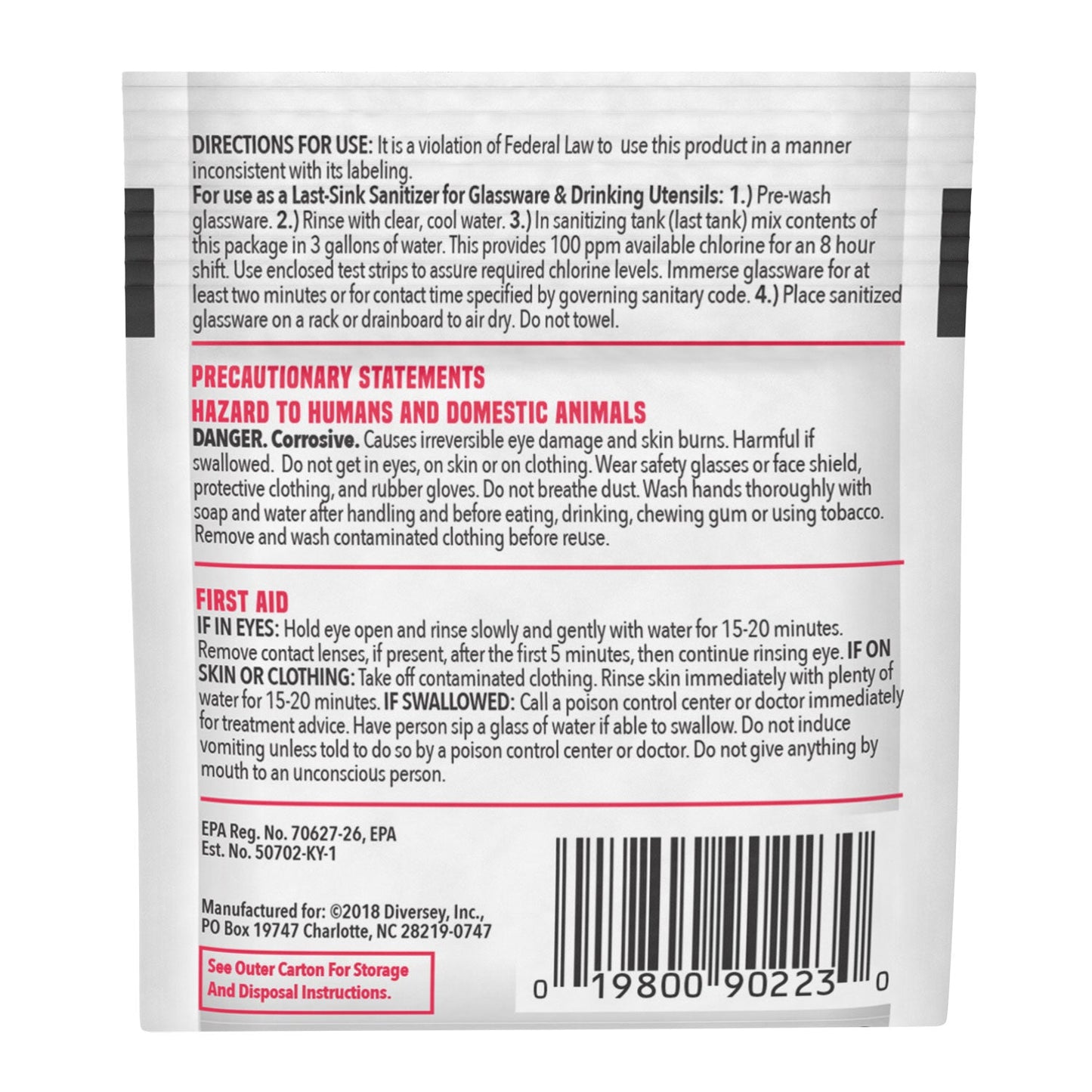 Diversey Beer Clean Last Rinse Glass Sanitizer, Powder, 0.25 oz Packet, 100/Carton