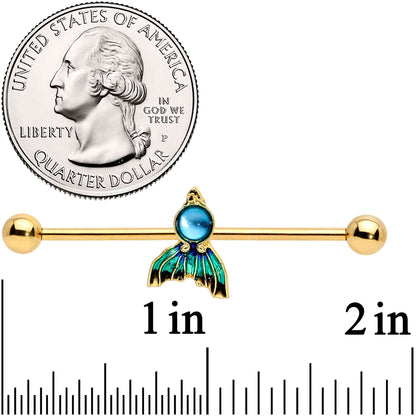 14G Gold Tone Blue Green Mermaid Tail Industrial Barbell 38mm