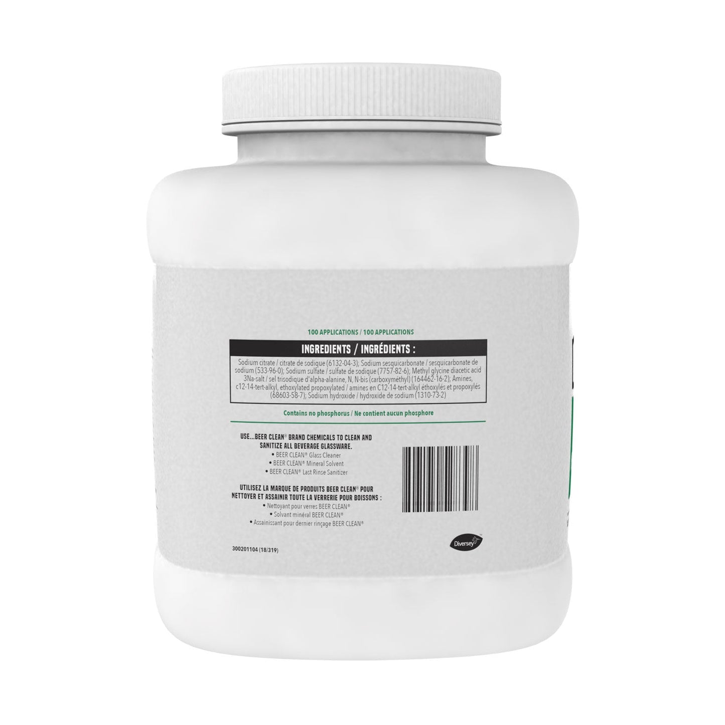 Diversey Beer Clean Glass Cleaner, Unscented, Powder, 4 lb. Container