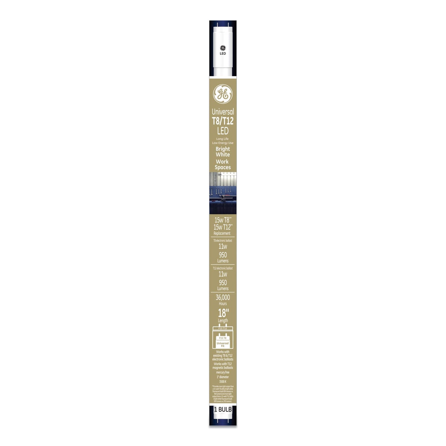 GE 18" T8/T12, 15 W, T8 Tube, Bright White, 6/Carton