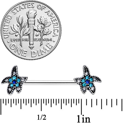 14G 5/8 Clear Aqua Gem Starfish Barbell Nipple Ring Set