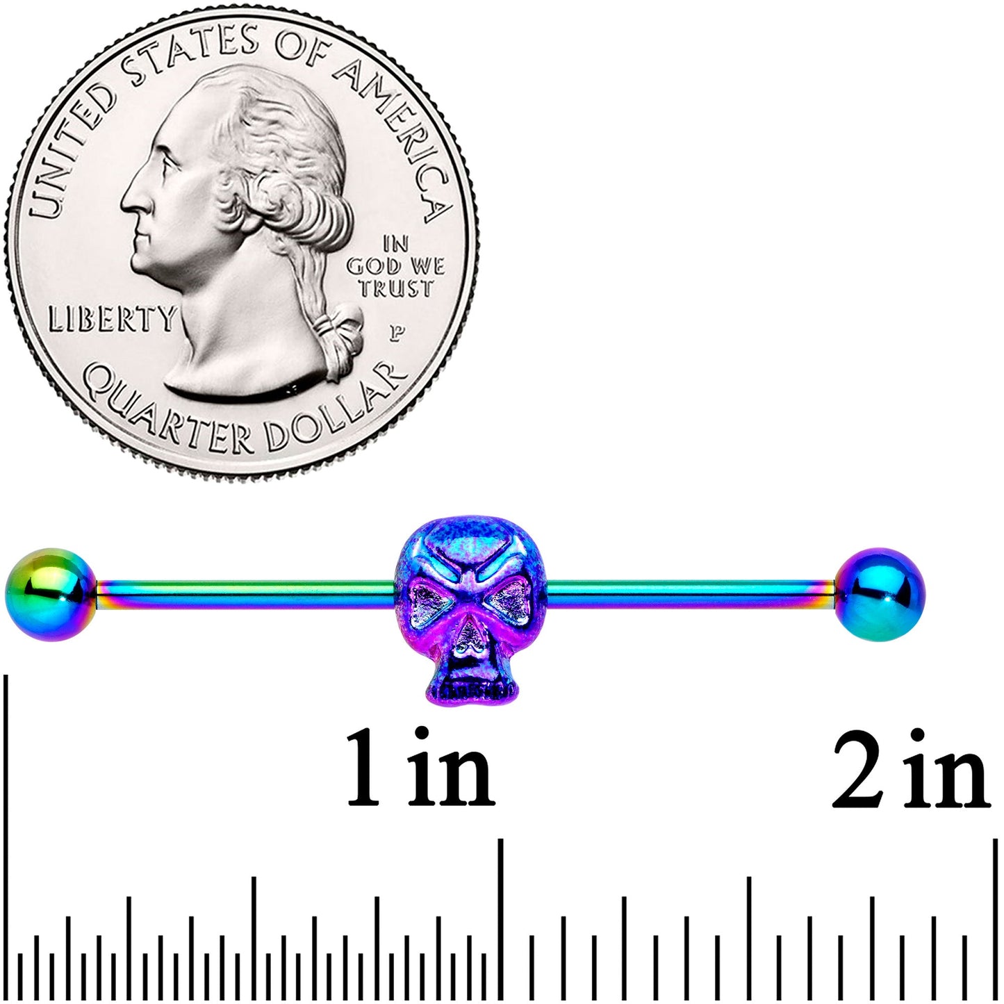 14G Rainbow Plated Scary Skull Industrial Barbell 38mm